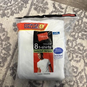 Hanes T Shirts - 8 Pack Tagless Mens L White Crew Neck - ComfortSoft - Layflat - Picture 1 of 5