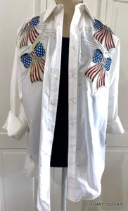 Womens USA Patriotic White Button-Up S / M US Flag Handcraft Vintage Y2K Western - Picture 1 of 18