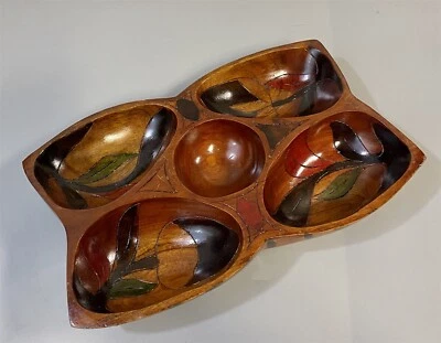 Hand Carved, Stained and Lacquered Wood Floral Themed Snack Tray / Party Platter - Image 1 of 4