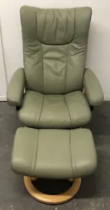 EKORNES STRESSLESS Wing Chair and Footstool, Small, Pale Green Leather, Recliner - Picture 1 of 19