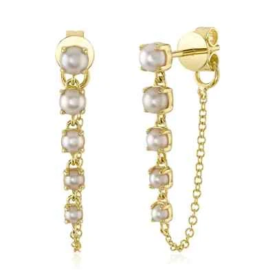 14K Solid Yellow Gold Pearl Chain Earrings 2.3 MM - Image 1 of 4