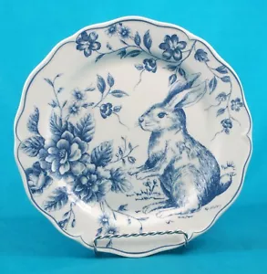 Blue & White Toile Scalloped Salad Plates Easter Bunny Cabbage Roses Set of 4 - Picture 1 of 4