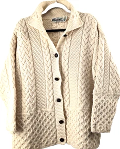 Ireland Aran Crafts 100% Merino Wool Fisherman Cable Cardigan Sweater Womens L - Picture 1 of 12