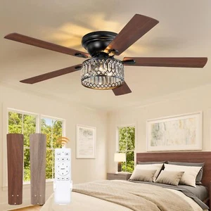 56 Inch Low Profile Chandelier Ceiling Fan with Light Crystal Ceiling fan wit... - Picture 1 of 8