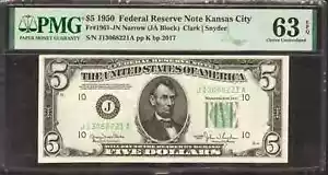 1950 $5 FEDERAL RESERVE NOTE KANSAS CITY FR.1961-JN NARROW PMG UNC 63 EPQ (221A) - Picture 1 of 2