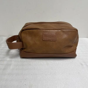 WOGAR NICE Tan Brown Leather Zipper Toiletry Bag 11” x 5”x 4” new without tags - Picture 1 of 9