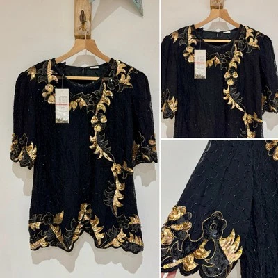 NWT Vintage 100% Pure Silk Gold Beaded Embellished Sequin Dress Top Size L XL - Image 1 of 4