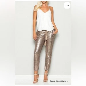 EVENUEL ROSE GOLD SEQUIN JOGGER TRACK PANTS SIZE WOMENS SMALL - Picture 1 of 14