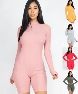Women Bodycon Mock Neck Ribbed Romper Long Sleeve Back Zipper Jumpsuit Bodysuit - Picture 1 of 18