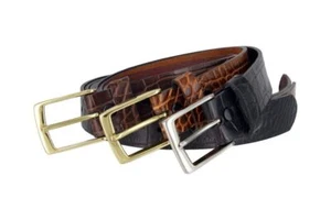 Classic Solid Brass Buckle Crocodile Embossed One Piece Full Leather Belt - Picture 1 of 4