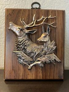 Vintage A&F Kunst Kupfer & Holz 3D Elch Paar Wandrelief Hergestellt in Kanada Hütte 5X4 - Bild 1 von 1