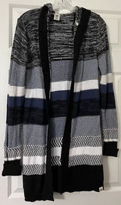 Roxy Cardigan Hooded Sweater Casual Blue Black White L Large Long Marled - Picture 1 of 9