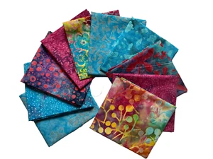 Batik Fat Quarter Bundle , Pack of 10 FQs, 100% Cotton, Blue, Pink, Grey, Yellow - Picture 1 of 12