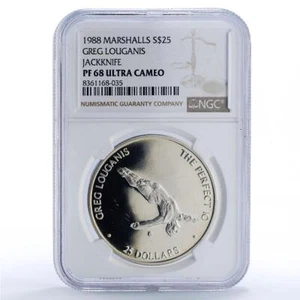 Marshall Islands 25 dollars Greg Louganis Jackknife PF68 NGC silver coin 1988 - Picture 1 of 4
