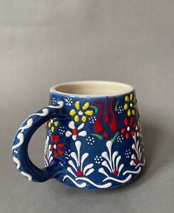 Handmade Ceramic, Flower Hand-Painted Mug ☕ Dark Blue Colour - Perfect Gift