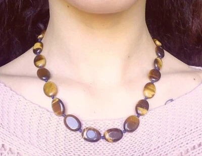 COLLANA OCCHIO DI TIGRE NATURALE CHIUSURA ARGENTO PIETRE OVALI ANNODATA A MANO - Immagine 1 di 4