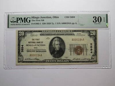 $20 1929 Mingo Junction Ohio OH National Currency Bank Note Bill Ch. #5694 VF30 - Image 1 of 4