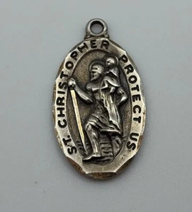 Vintage St Christophorus Protect Us Katholisch Anhänger Charm Religiös Sterling 925 - Bild 1 von 2