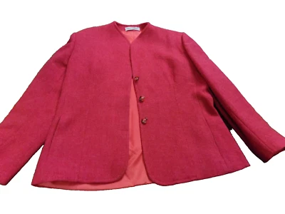 Blazer De Colección Evan Picone Tweed Rosa Frambuesa Sin Cuello 100% Lana Bolsillos Forrado Foto 1 de 4