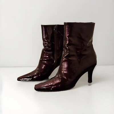 Stuart Weitzman Patent Leather Zip Booties Ruby/Bordeaux 7.5, Classic Y2K 00’s - Image 1 of 4