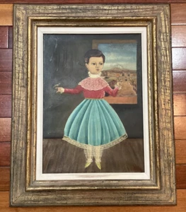 Vintage Girl with Bird & Flower Agapito Labios Oil Painting Mexican Folk Art - Picture 1 of 11