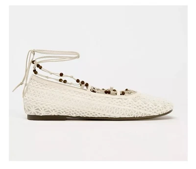 Zapatos Zara Mujer Talla 5 Crema Ballet Zapatos Encaje Cuentas Tobillo Envoltura Cierre de Corbata Foto 1 de 4