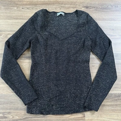 Anthropologie Black Silver Metallic Long Sleeve Sweater Size XL Shimmery Stretch - Image 1 of 4