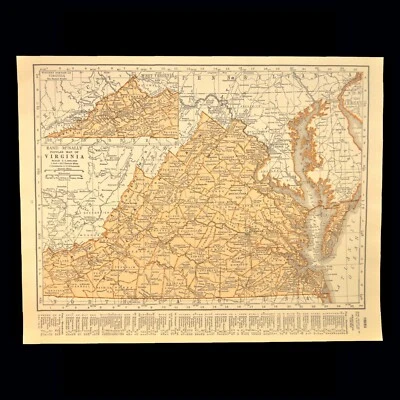 Vintage VIRGINIA Map Wall Art Old Original Roanoke Lynchburg Charlottesville - Image 1 of 4