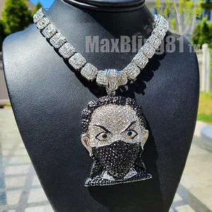 Silver Black Mask Man BoonDocks Pendant 16" 18" 20" Iced Baguette Chain Necklace - Picture 1 of 32