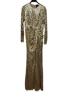 Mac Duggal Gold Sequin High Neck Long Sleeve Draped Gown Size 6 - Picture 1 of 8