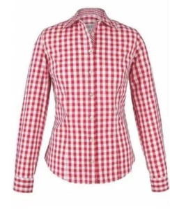 Trachtenbluse Trachten Damen Blusen Karobluse Rot Weiß Baumwolle Langarm Almsach - Bild 1 von 10