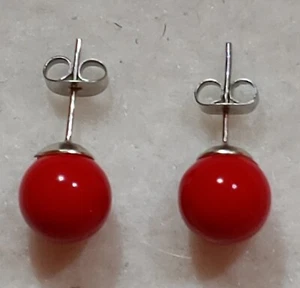 Stud Pierced Earrings - 9 mm DIA - Red Glass Ball - Silver tone - Picture 1 of 6