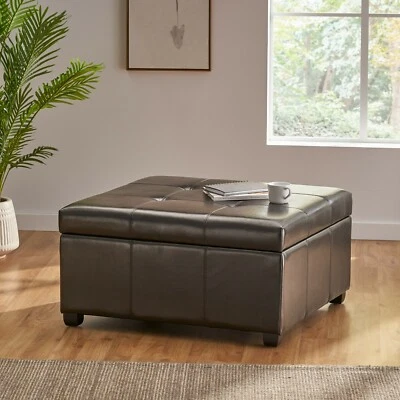 Spacious Espresso Leather Storage Ottoman Coffee Table w/ Tufted Top - Image 1 of 4