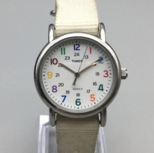 Timex Weekender Watch Women 31mm Silver Tone Rainbow Nylon Band New Battery - Picture 1 of 16