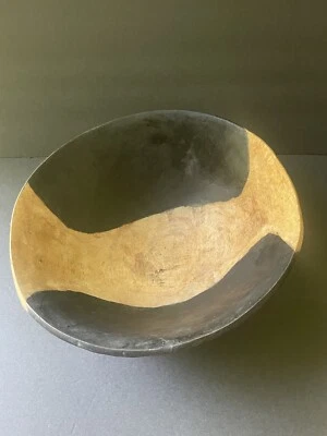 Vintage Hand Carved Wooden Bowl Tribal MCM Round Serving Hand Crafted Brown Tan  - Image 1 of 4