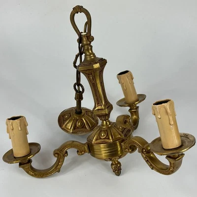 Vintage French 3 Arm Ornate Heavy Chunky Brass Metal Ceiling Light Chandelier - Image 1 of 4