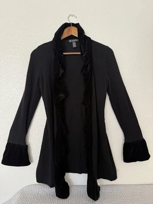 INC Silk Angora Blend Cardigan Womens Size S  Ruffle Velvet Trimb Black - Image 1 of 4
