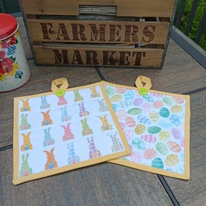 POTHOLDER HOT PAD SET - HANDMADE QUILTED EASTER SPRING (2) WITH HANGING LOOPS - Picture 1 of 4