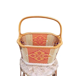 Handmade Woven Rattan Basket Bamboo with Handle Thai Style Storage Bin Pattern - Picture 1 of 8