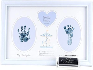 Baby Hand / Footprint Photo Frame Keepsake with Ink Pad - Blue Carousel - Picture 1 of 3