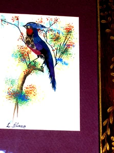 Vintage ORIGINAL Red Blue Lovely Blooming Green Tree L Blanc Art Painting - Picture 1 of 11