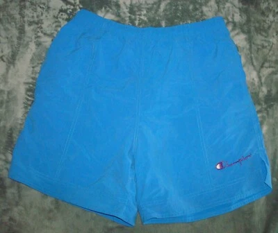 VTG 80s CHAMPION SWIM SHORTS MENS LARGE BLUE SPELL OUT LOGO TRUNK BEACH OCEAN - Image 1 of 4