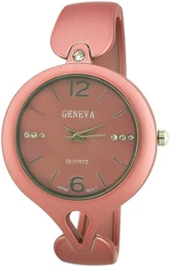 NEW-GENEVA METALLIC PINK MAUVE METAL BANGLE, CUFF ,ROUND CRYSTAL DIAL WATCH 1448 - Picture 1 of 1