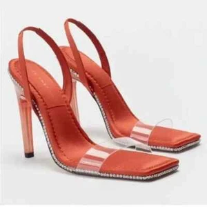NEU GOOD AMERICAN Crystal Crush Lucite Absatz in ORANGE Riemchen Stilleto Größe 8,5 - Bild 1 von 9