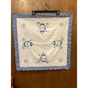 Teapot Tablecloth White/Blue Gingham Cottagecore Square 32"x32" Cotton/Viscose - Picture 1 of 4