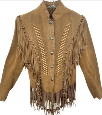 Chaqueta de cuero con flecos con cuentas vintage rara Foto 1 de 4