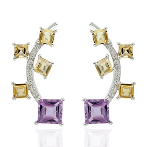 925 Silver Amethyst Citrine Ear Climber Earrings Purple Yellow Gemstone Jewelry - Picture 1 of 6
