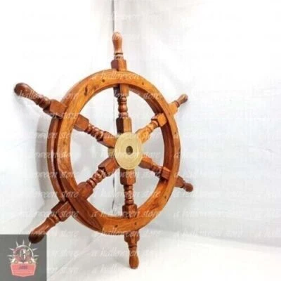 24" Brass Nautical Big Ship Steering Wooden Wheel Antique Teak Pirate Ship's - Image 1 of 4