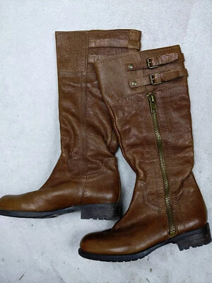 Franco Sarto Tall Side Zip Womens 7.5M 38.5 Brown Leather Riding Moto Boots - Image 1 of 4