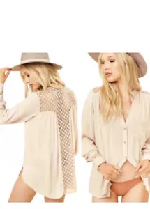 NWOT Free People Long Sleeve Button Shirt Crochet Lace XS Ivory Gauze Oversized - Picture 1 of 16
